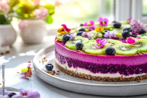 A vibrant and colorful cheesecake topped with fresh fruits and edible flowers. Perfect for celebrations or dessert lovers. A delightful treat for all occasions. Generative AI photo