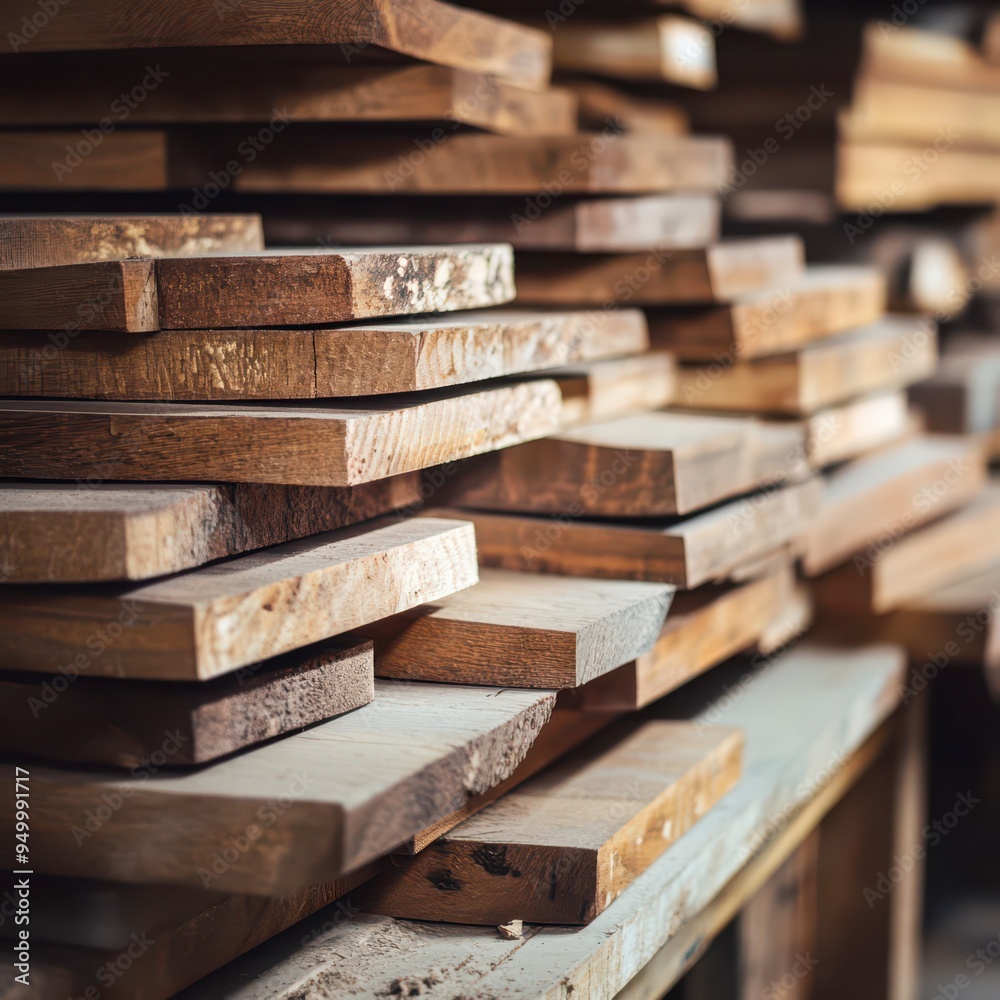 Stacked wooden boards in a workshop ready for woodworking projects Stacked wooden boards in a workshop ready for woodworking projects