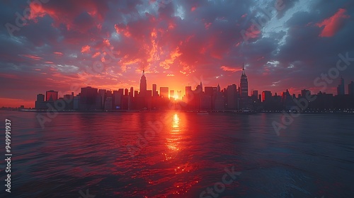 A city skyline with a red sun setting over the water