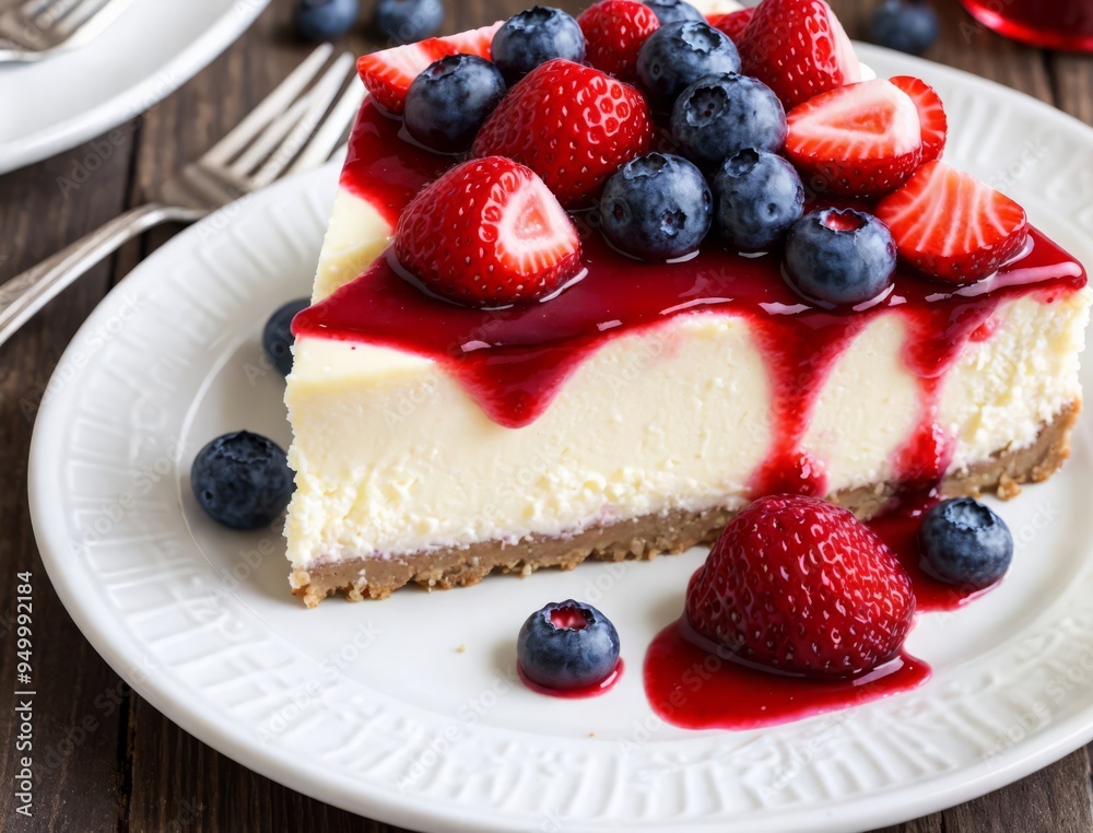 A slice of cheesecake topped with strawberries, blueberries, and raspberries on a white plate, accompanied by a glass of red juice.
