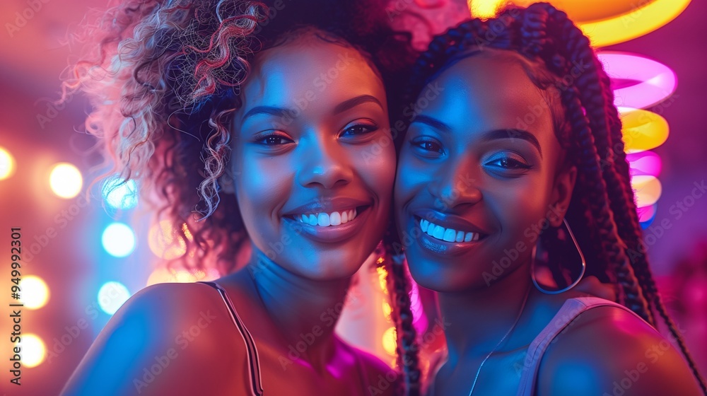Two young women smiling together in a vibrant, colorful setting with neon lights. The atmosphere is joyful and lively, showcasing friendship and happiness. Two young women smiling together in a vibrant, colorful setting with neon lights. The atmosphere is joyful and lively, showcasing friendship and happiness.