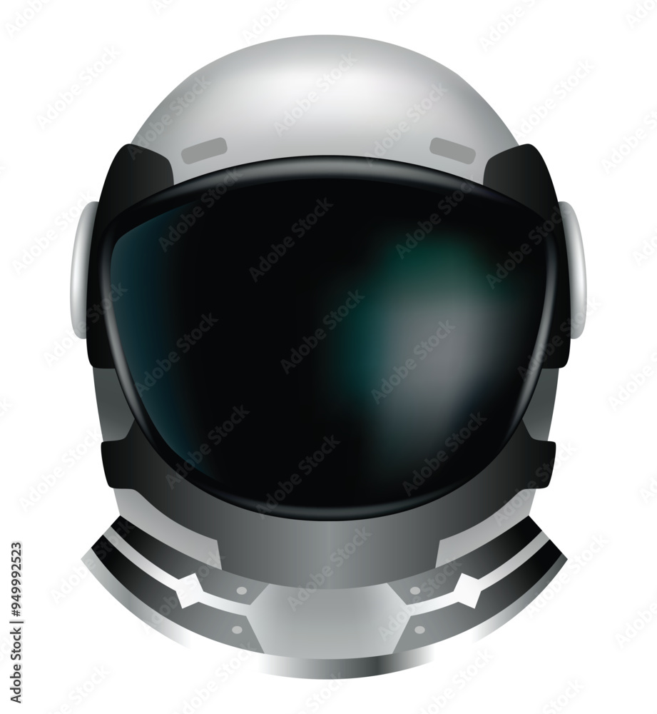 Astronaut helmet, realistic cosmonaut mask with glass for space exploration and flight in cosmos. Part suit for protection spaceman head. Isolated vector illustration