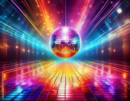 Illustration of Disco Ball Sparkling on a Colorful Dance Floor created with Generative AI technology