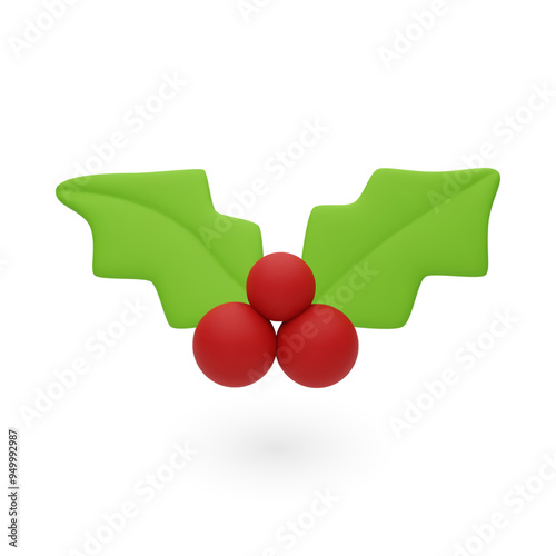 Vector 3D Christmas plant, holly leaves. 3D plastic mistletoe leaf and berry. New year decorative element isolated on white background. Vector illustration