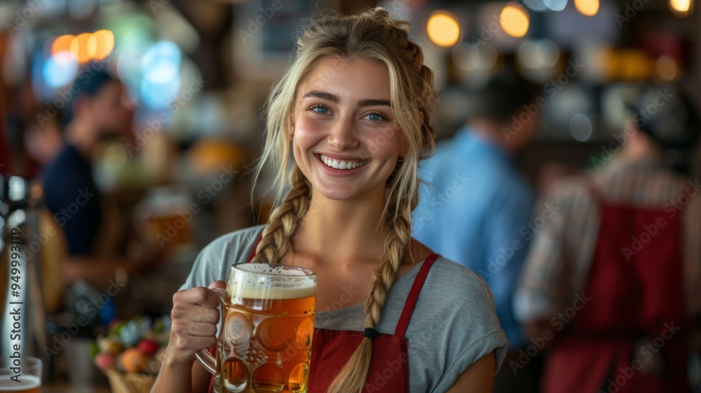 Oktoberfest . beautiful woman in style of an classic German pubgirl serving beer in festival background. She is smiling , holding stein of light orange amber beer.