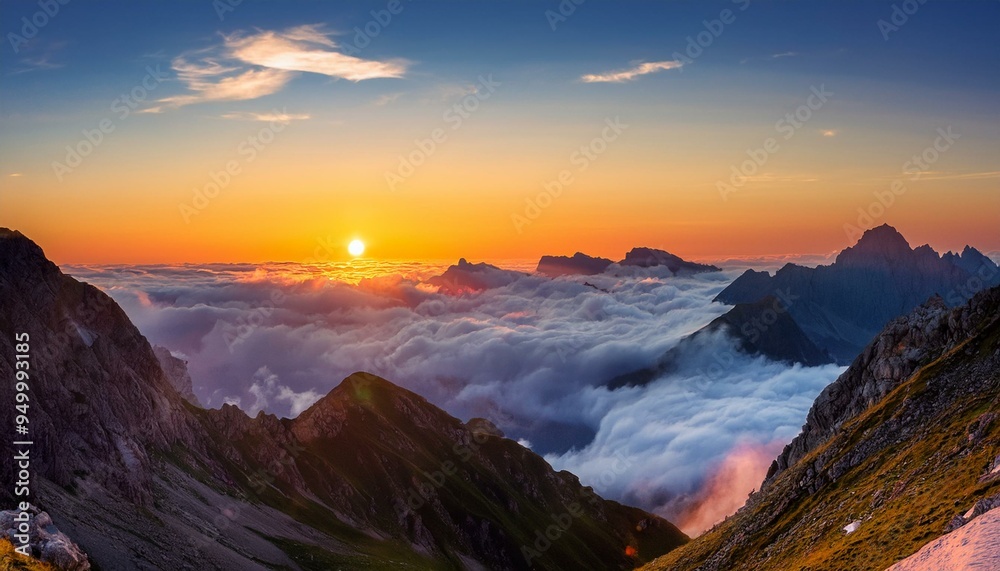 In high mountains among clouds, a beautiful sunset can be seen In high mountains among clouds, a beautiful sunset can be seen
