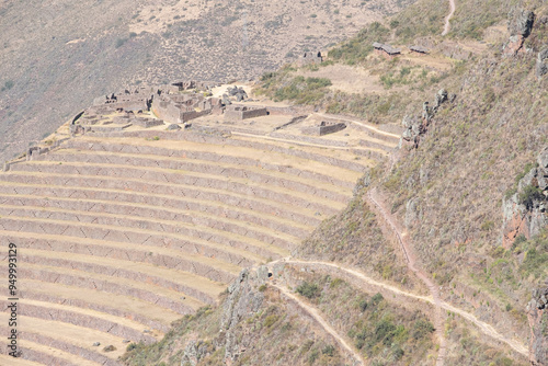 Agricultural terracing at Pisaq Pisac Incan historical site. Horizontal format. photo