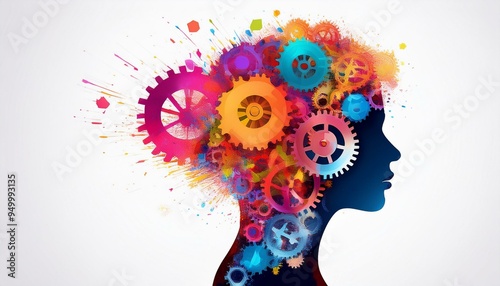 In a white background with copy space, colorful splashes and gears form the silhouette head representing stock.