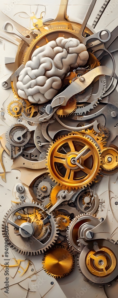 Human Brain Inside a Clockwork Mechanism.