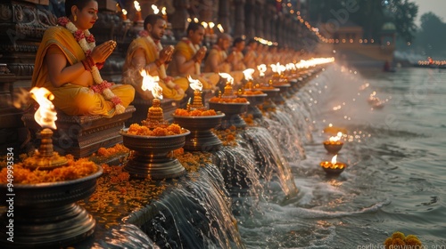 Ganges Aarti Festival . Visitors and observers from diverse backgrounds are drawn to Ganga Aarti, captivated by spiritual aura, cultural richness, and mesmerizing spectacle of light and water.
