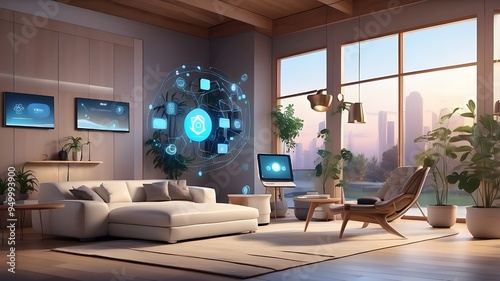 Interior illustration of smart home with artificial intelligence concept