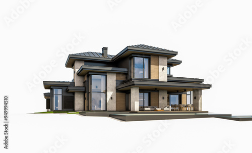 3d rendering of modern two story house with gray and wood accents, large windows, parking space in the right side of the building, daylight, isolated on white