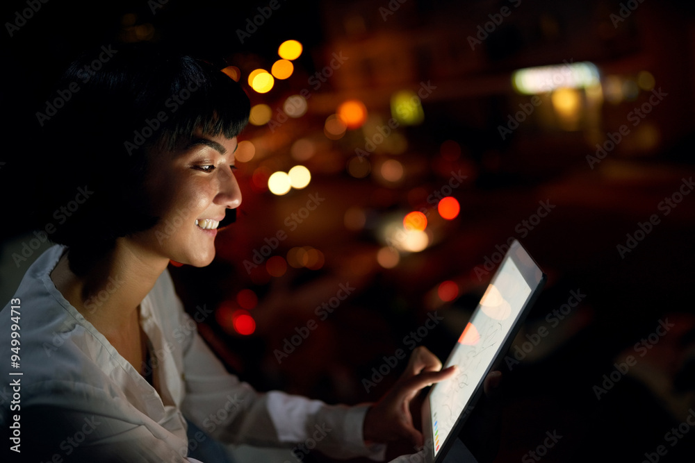 Tablet, night and happy business woman in city for creative illustration, art and deadline with screen. Tech, graphic designer and drawing on app, sketch and editing for project on bokeh at startup Tablet, night and happy business woman in city for creative illustration, art and deadline with screen. Tech, graphic designer and drawing on app, sketch and editing for project on bokeh at startup