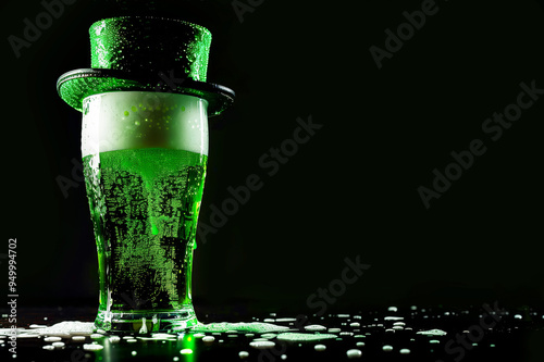 Glass of green beer in green festive leprechaun hat on black, St Patricks day concept, copyspace photo