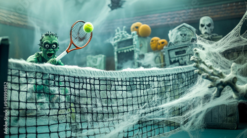 Halloween zombie playing tennis at tennis court, playful scene, 3D cartoon, halloween sport concept
