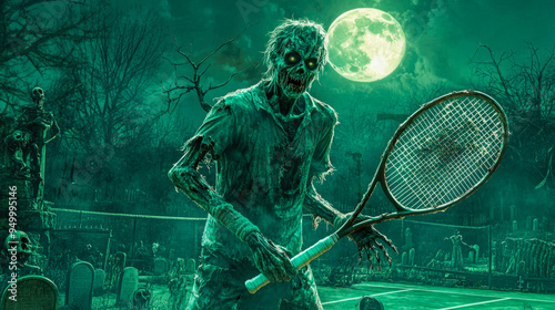 Halloween zombie playing tennis on tennis court background with full moon