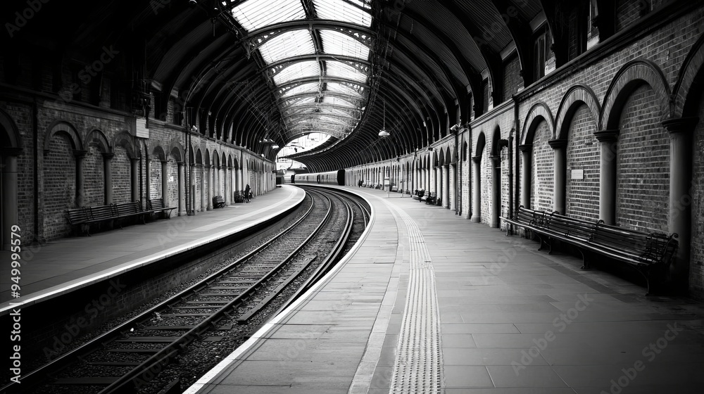 Obraz premium Elegant Vintage Railway Station: A Solitary Journey Through Time, Gray-Scale Elegance in Abandoned Tracks and Platforms Reflecting History and Nostalgia