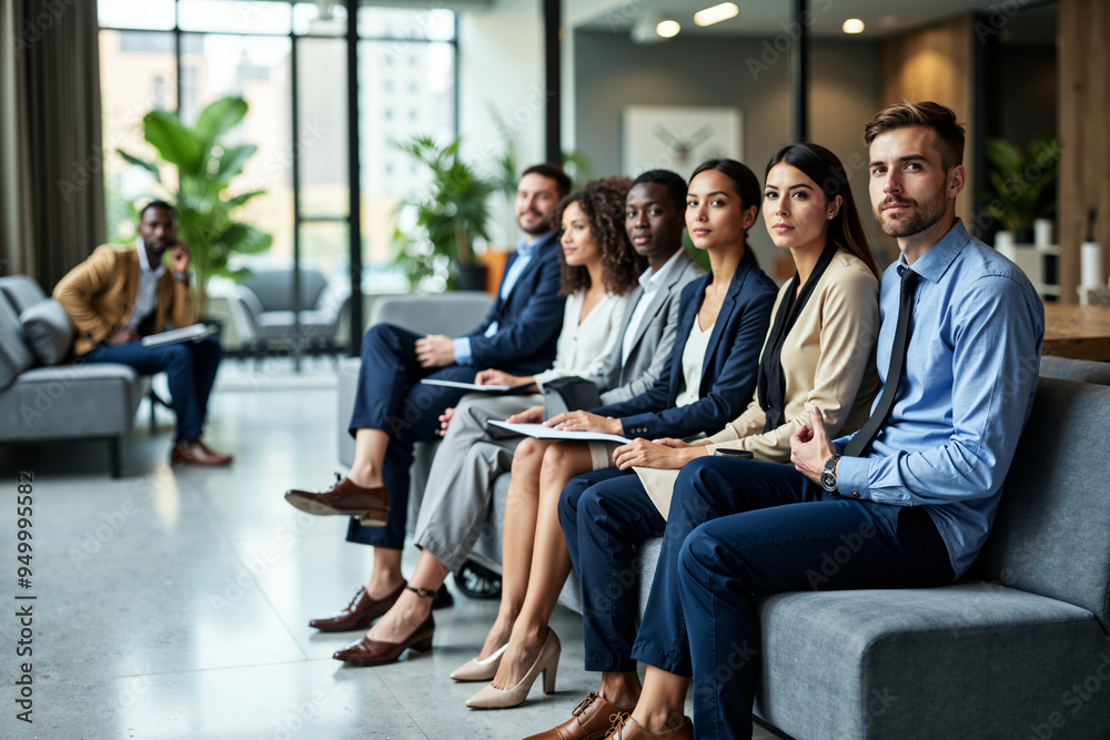 Diverse Job Seekers in Modern Office Lobby: Career Advancement, Interview Preparation, and Recruitment Diverse Job Seekers in Modern Office Lobby: Career Advancement, Interview Preparation, and Recruitment