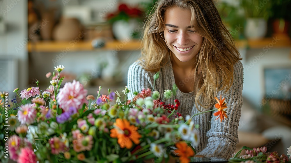 Captivating Young Woman Arranging Flowers in Stylish Living Room During Live Stream with Digital Tablet Captivating Young Woman Arranging Flowers in Stylish Living Room During Live Stream with Digital Tablet