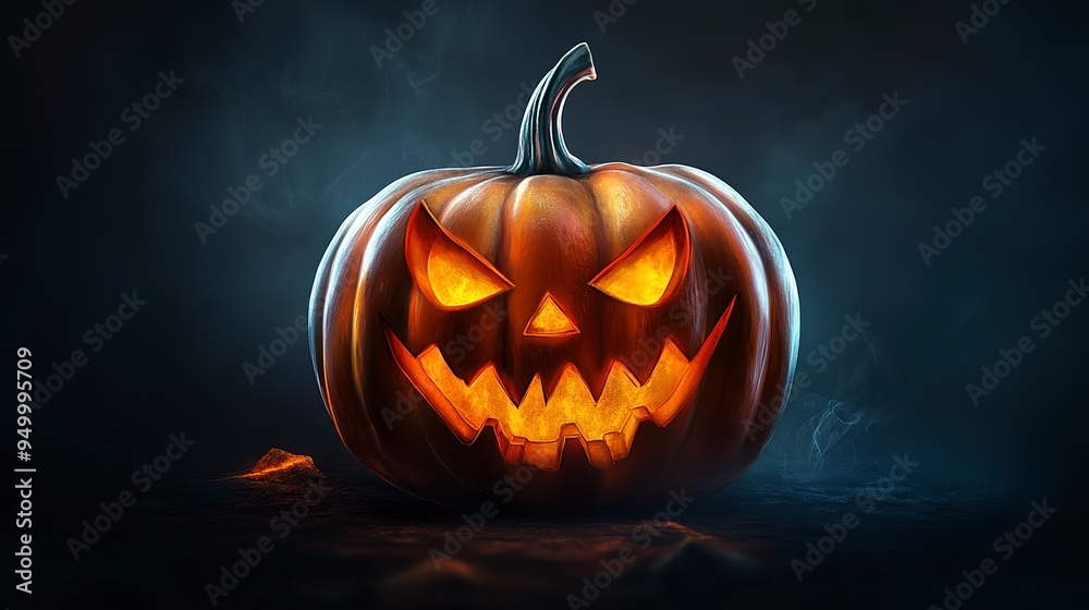Naklejka premium Halloween pumpkin with scary face on dark background. 