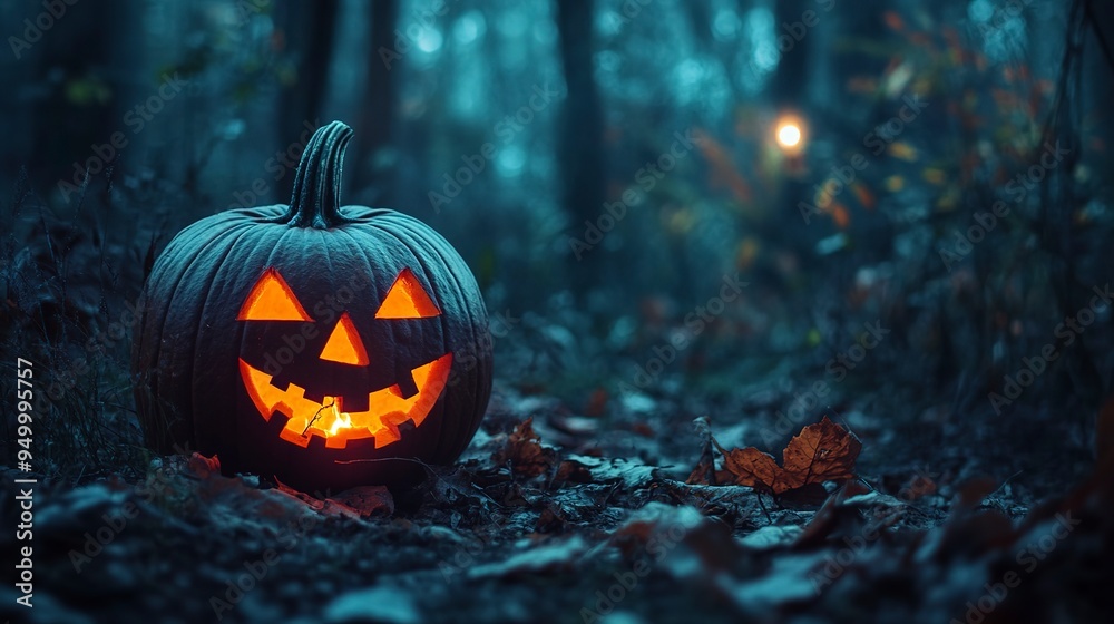 halloween pumpkin with lantern In the scary forest In the quiet and lonely night