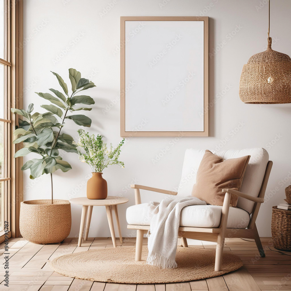 Mockup frame poster, sala estilo escandinavo de campo.  Render 3D.  Estilo de decoração minimalista, funcional e simples. Apresentação quadros Fineart.