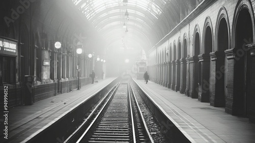 Elegant Vintage Railway Station: A Solitary Journey Through Time, Gray-Scale Elegance in Abandoned Tracks and Platforms Reflecting History and Nostalgia