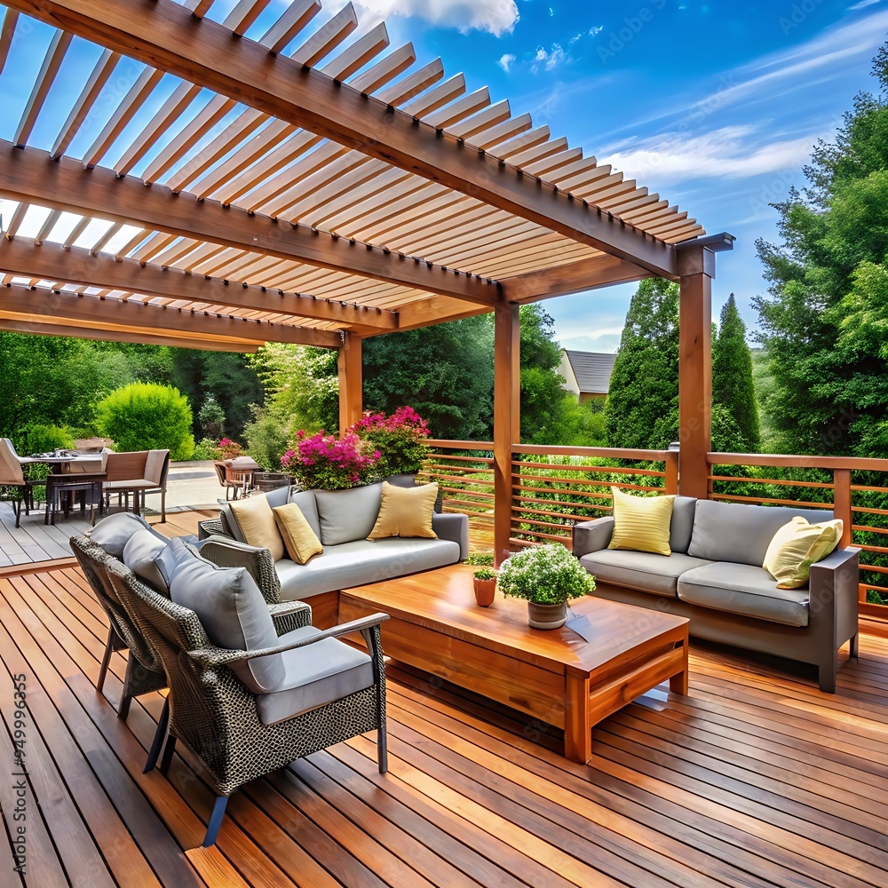 Fototapeta premium Rustic deck with patio furniture and vegetation