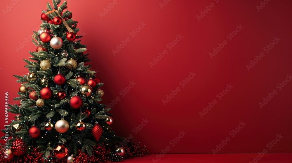Decorated Christmas Tree on Red Background Decorated Christmas Tree on Red Background