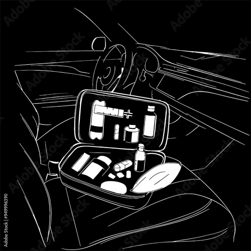 Medical kit with first-aid medicines in the vehicle interior. Vector linear monochrome drawing on black background