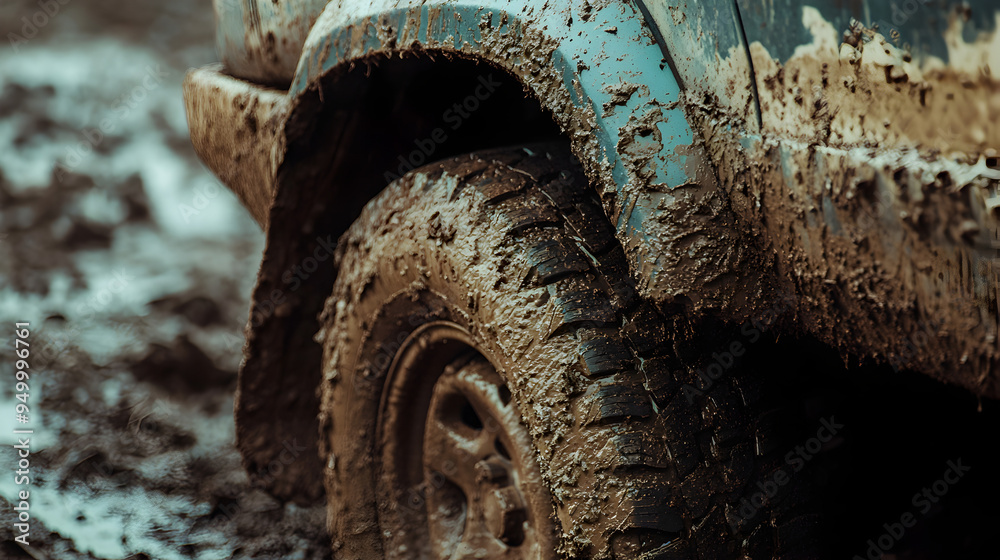 A close-up of a car’s fender and wheel arch, with dirt and debris stuck to the surface after an off-road adventure.
A close-up of a car’s fender and wheel arch, with dirt and debris stuck to the surface after an off-road adventure.