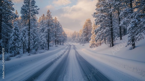 Tranquil Snow-Covered Road through Enchanted Pine Forest - Serene Winter Wonderland Landscape