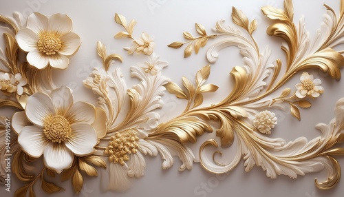 On a light wall, delicate floral stucco with golden accents is displayed