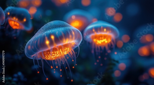 A close-up of glowing spores, each with visible fluid inside them, moving through the water in an ocean setting. 