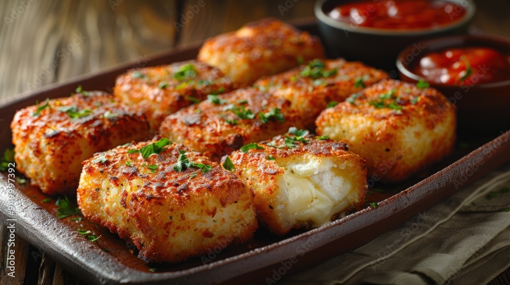 Closeup shot of crispy fried cheese bites served on a rustic brown plate. Closeup shot of crispy fried cheese bites served on a rustic brown plate.