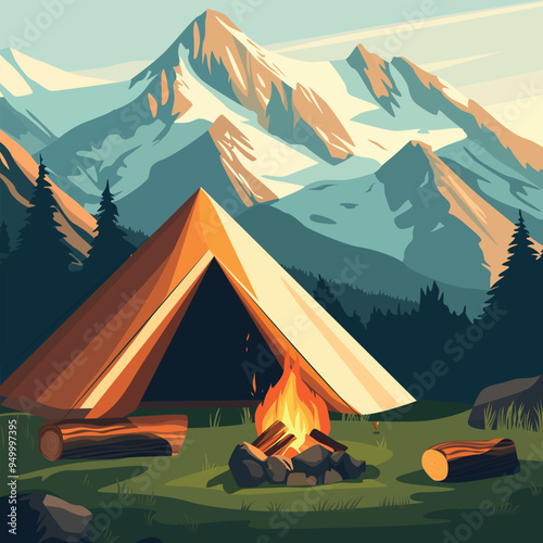 Minimalistic illustration of a landscape against the sky with dark silhouettes of fir trees, a tent and a glade with a fire and logs in the foreground. Soft pastel colors were used.