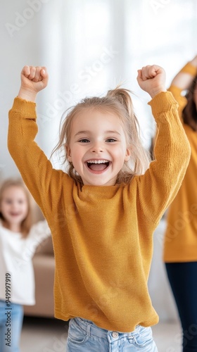 A family dancing together in their living room, with upbeat music playing and everyone moving with joy and energy, capturing the fun of spontaneous activity
