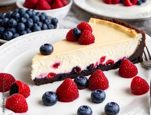 A slice of cheesecake topped with strawberries, blueberries, and raspberries on a white plate, accompanied by a glass of red juice.