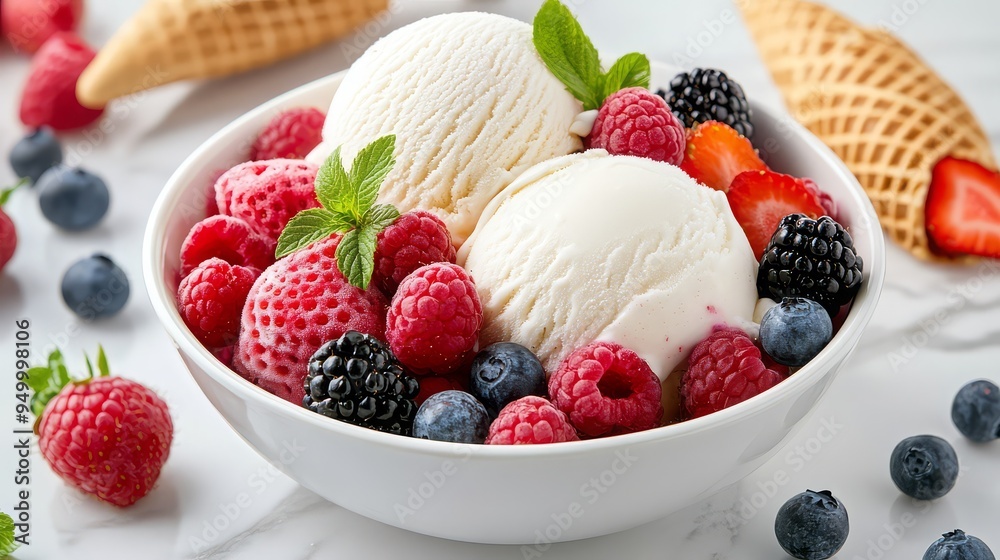 White ice cream bowl with vanilla gelato and berries White ice cream bowl with vanilla gelato and berries