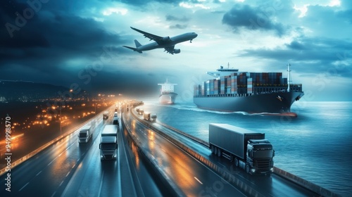Airplane flying over the sea cargo ships and trucks driving on highway showcasing logistics and transportation, cargo ships, transportation concept