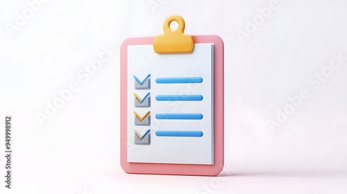 3d Clipboard, checklist symbol. Assignment target icon. Project task management and effective time planning tools. 3d rendering. Vector illustration, white background