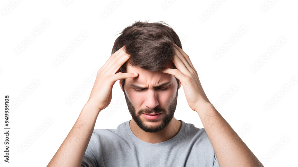 Young man over isolated on transparent background suffering from headache desperate and stressed because pain and migraine.
Young man over isolated on transparent background suffering from headache desperate and stressed because pain and migraine.