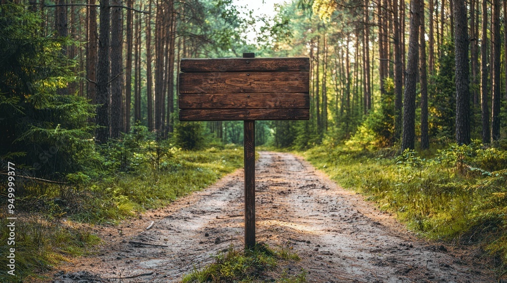 An old wooden sign with blank space points towards a path through a green forest An old wooden sign with blank space points towards a path through a green forest