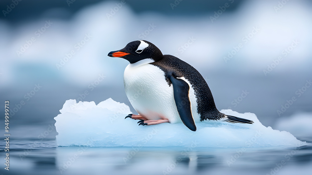 Naklejka premium Majestic Penguin Swimming on Floating Iceberg in Icy Arctic Ocean Landscape