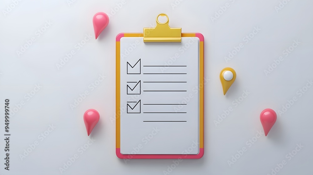 3d Clipboard, checklist symbol. Assignment target icon. Project task management and effective time planning tools. 3d rendering. Vector illustration, white background