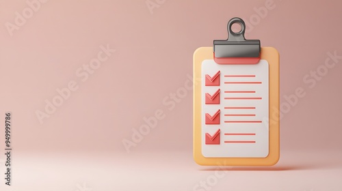 3d Clipboard, checklist symbol. Assignment target icon. Project task management and effective time planning tools. 3d rendering. Vector illustration, white background