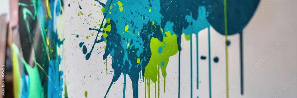 Fototapeta premium Vibrant urban graffiti with colorful paint splatters on wall art. modern street style. creative expression and urban culture. for urban environment. eye-catching design for advertisement and poster