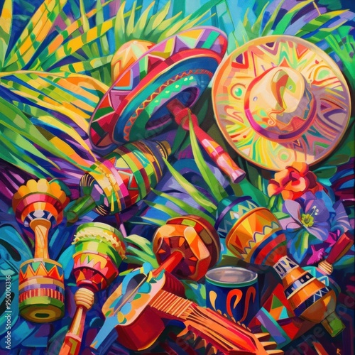 Vibrant Still Life with Mexican Instruments and Flowers. photo