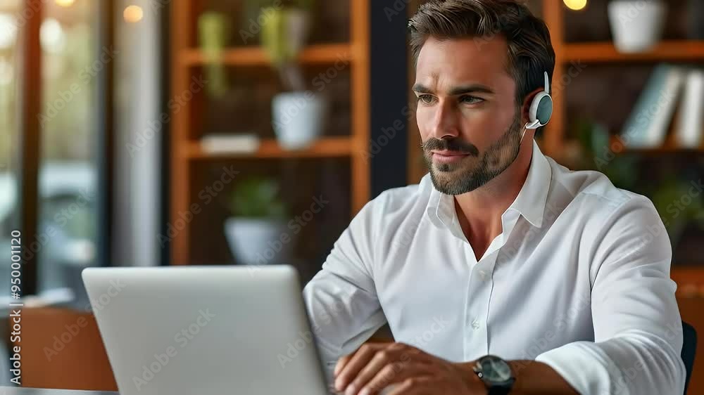 Focused Caucasian man with headphones working on a laptop in a modern office environment. Focused Caucasian man with headphones working on a laptop in a modern office environment.