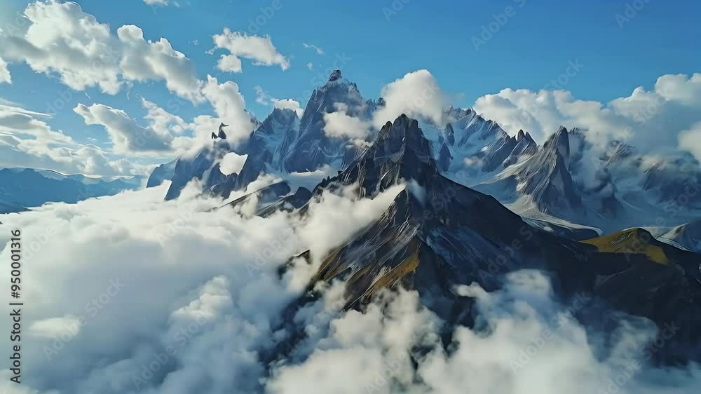 Majestic mountain peaks rise above a sea of clouds under a bright blue sky, creating a breathtaking natural landscape. Majestic mountain peaks rise above a sea of clouds under a bright blue sky, creating a breathtaking natural landscape.